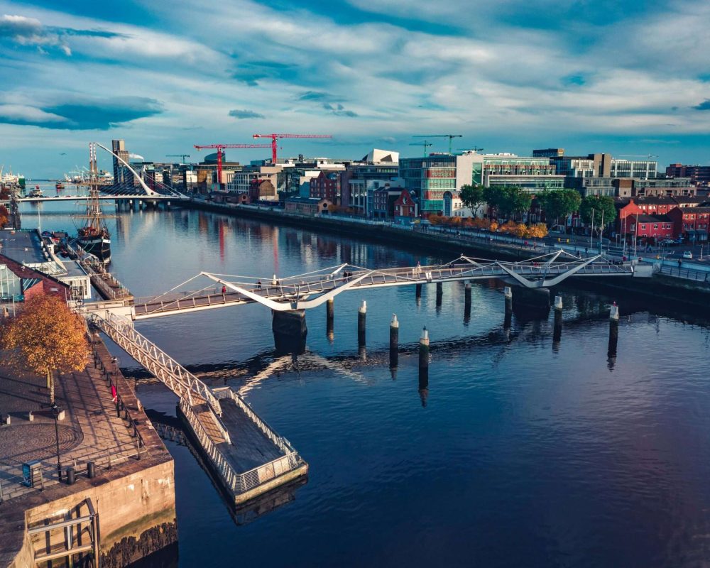 Stunning aerial view of Dublin cityscape featuring the river, modern architecture, and bridges.